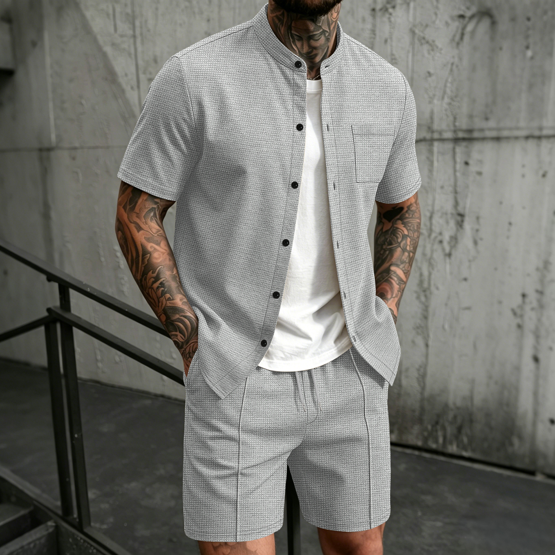 Summer Clothing Types - Men's 2 Piece Outfit, Stand Collar
