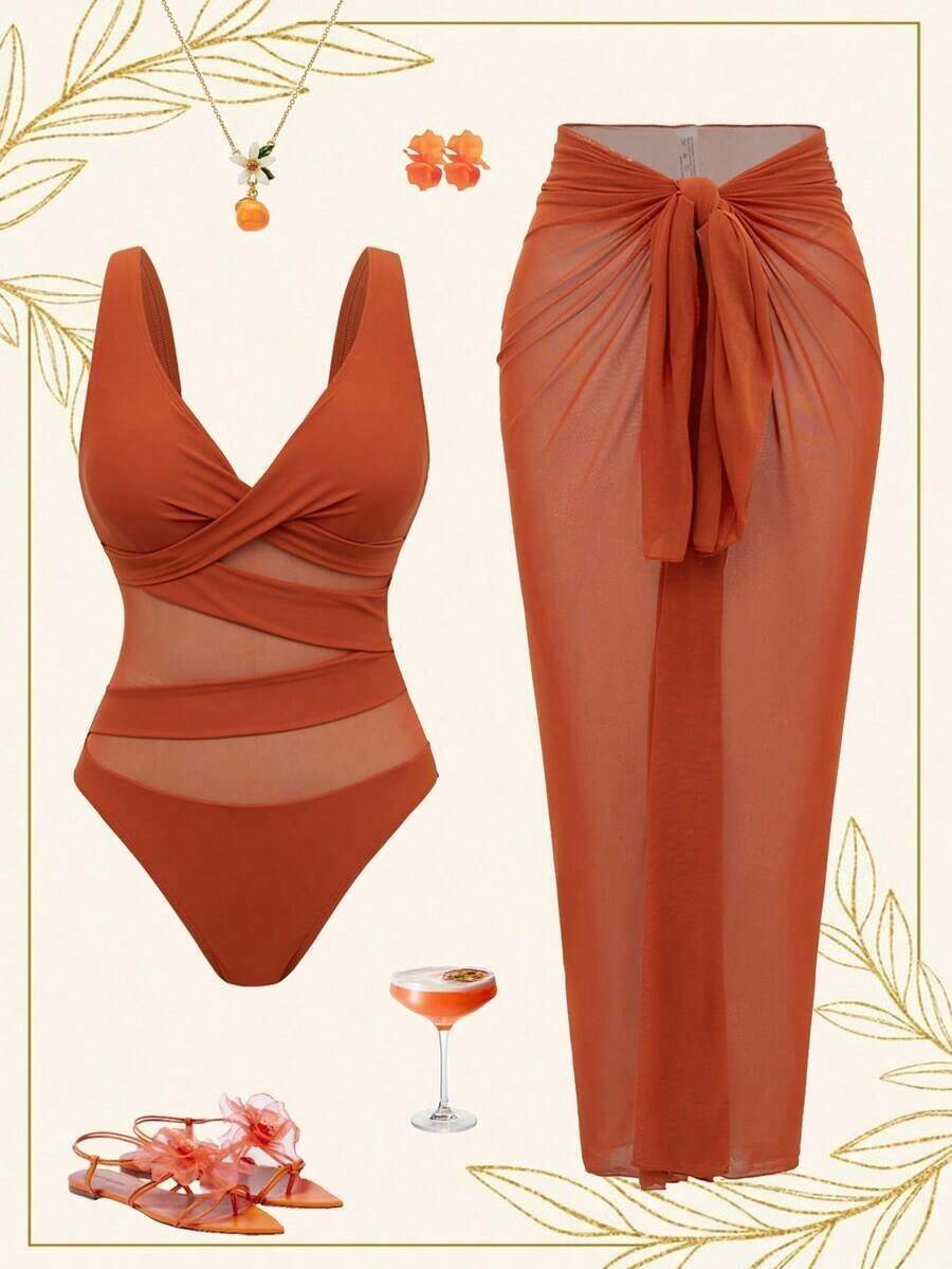 Women Solid Color Mesh One Pie - Swim Cover Up Mesh ulasan dan harga