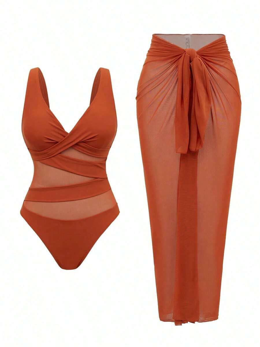 Women Solid Color Mesh One Pie - Swim Cover Up Mesh ulasan dan harga