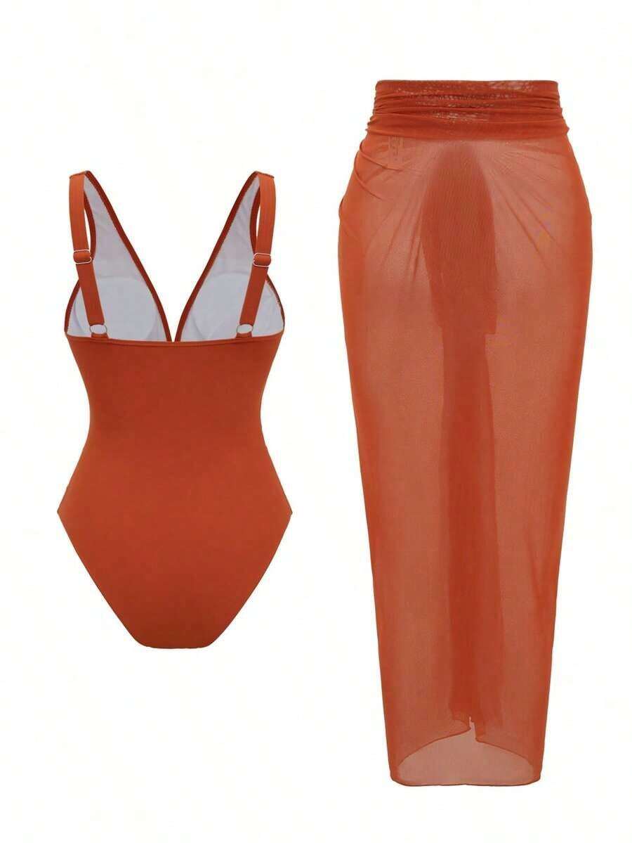 Women Solid Color Mesh One Pie - Swim Cover Up Mesh ulasan dan harga