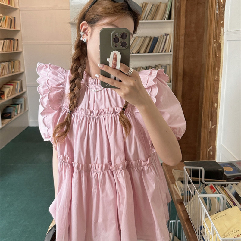 Sweet Pleated Loose Blouse Sum - Summer Youth Clothing ulasan dan harga