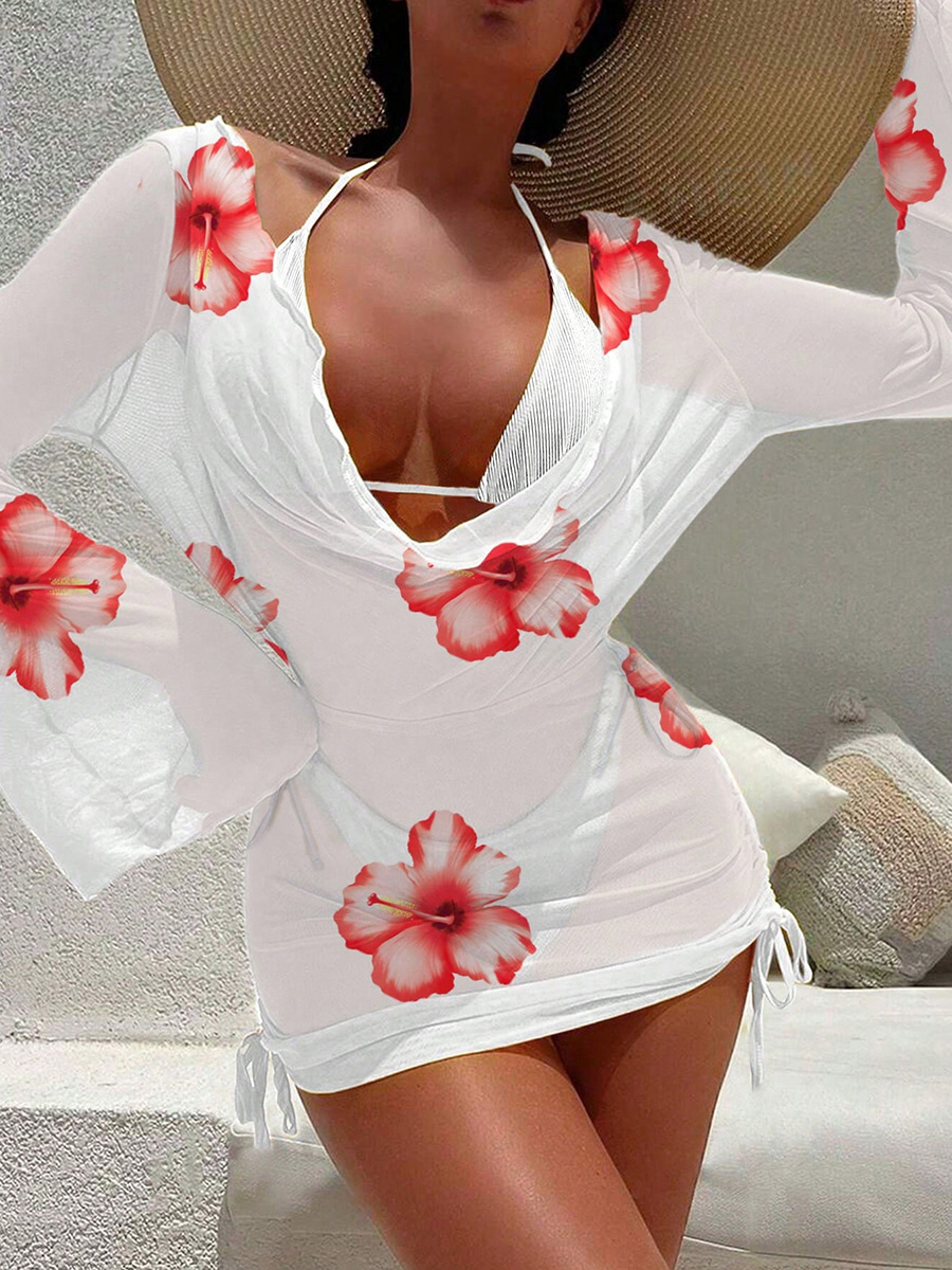 Floral Mesh Long Sleeve Cover  - Swim Cover Up Mesh ulasan dan harga